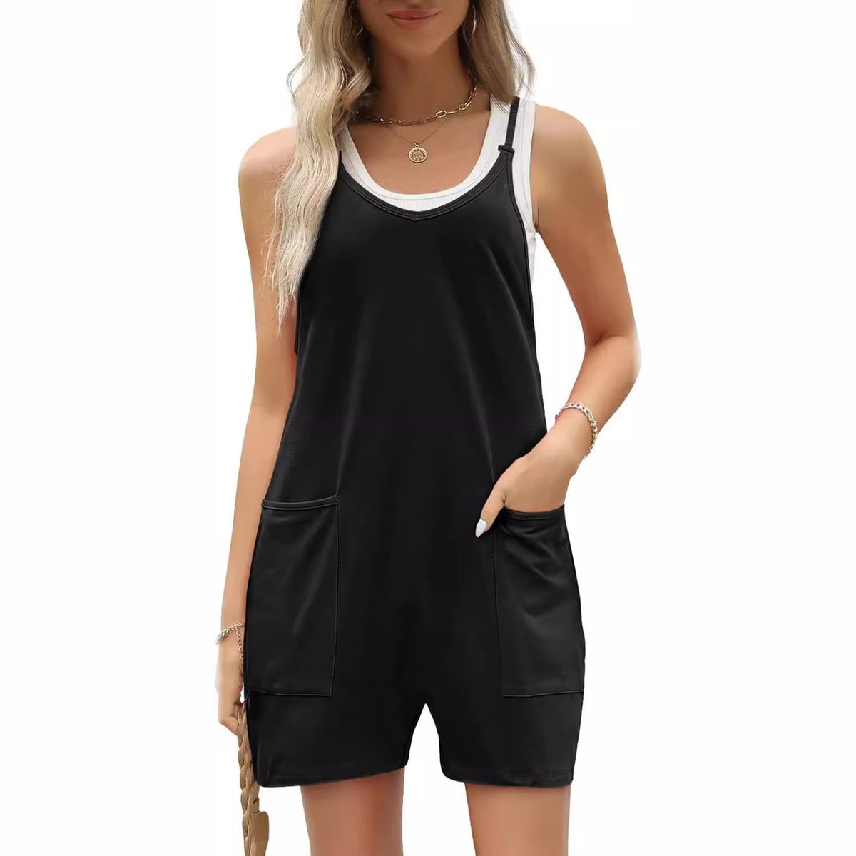Women's Casual Sleeveless Loose Short Jumpsuit with Thin Straps